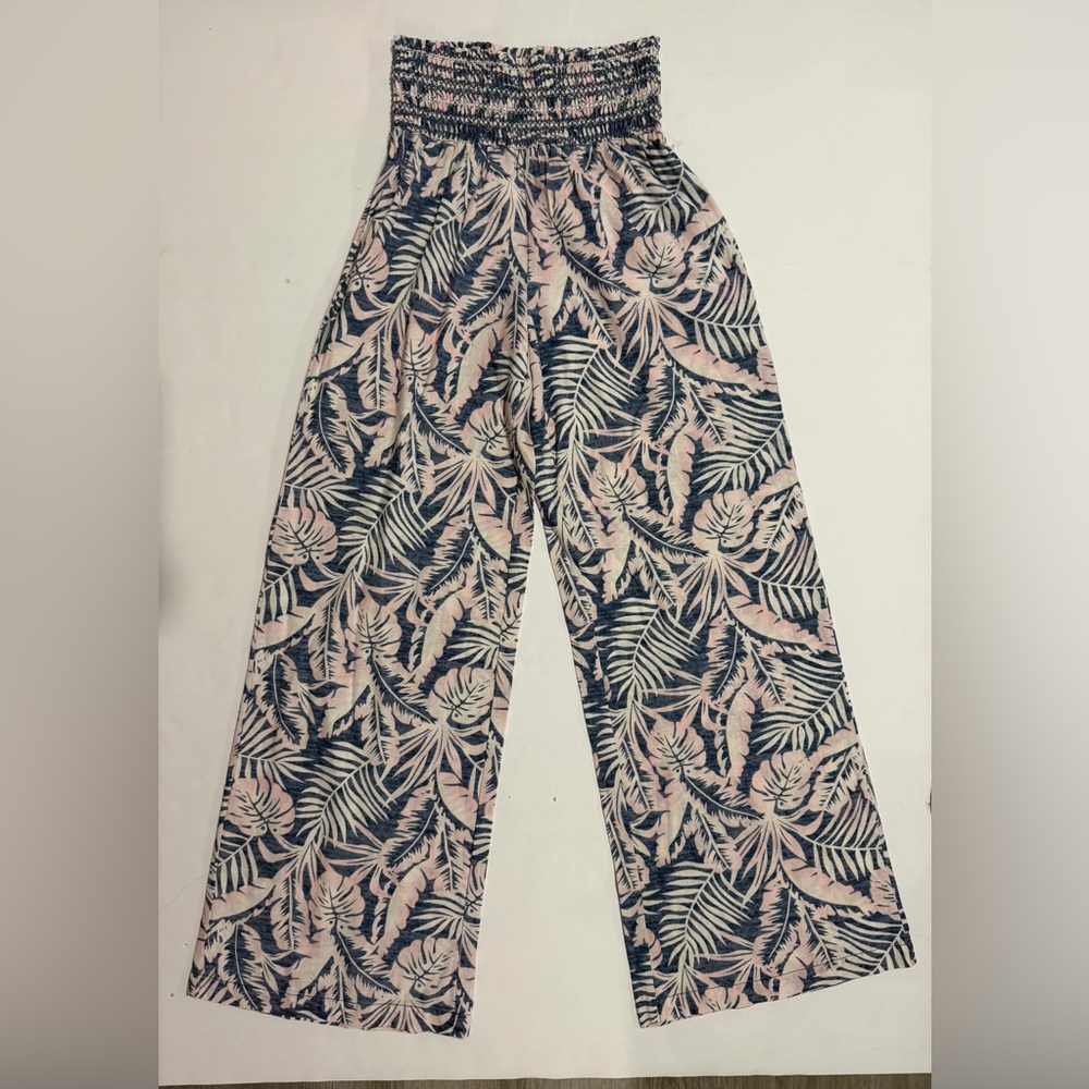 Da Hui Womens Linen Wide Leg Pants Size S Smocked Pull On Hawaiian Beach Floral